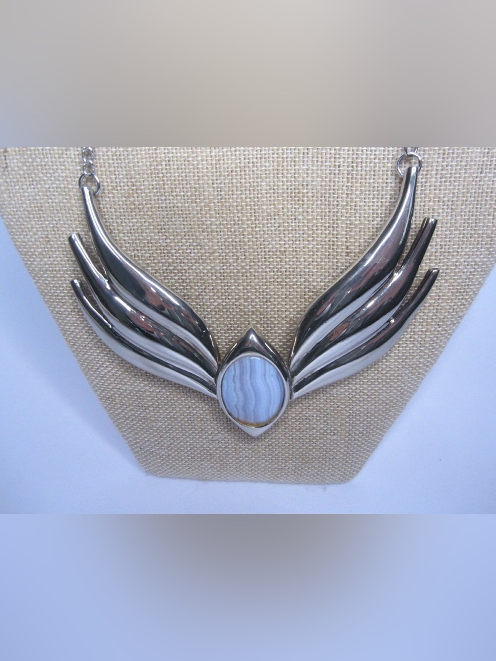 Double Wing Silver Tone Necklace with Agate Stone - Picture 2 of 6